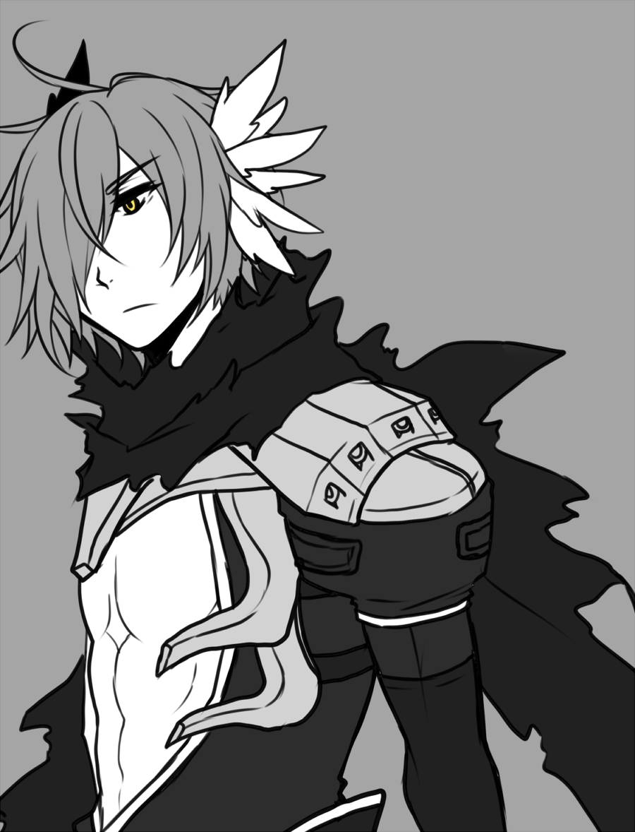 1boy armor assassin_cross_(ragnarok_online) closed_mouth expressionless feather_hair_ornament feathers greyscale hair_ornament hair_over_one_eye long_bangs looking_afar male_focus monochrome pauldrons ragnarok_online rinslette scarf shirt short_hair shoulder_armor simple_background solo torn_clothes torn_scarf upper_body yellow_eyes