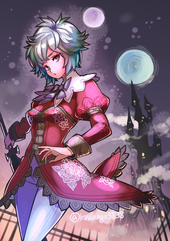 1girl asellus_(saga_frontier) breasts castle dress green_hair kuwango looking_at_viewer saga saga_frontier short_hair solo sword weapon