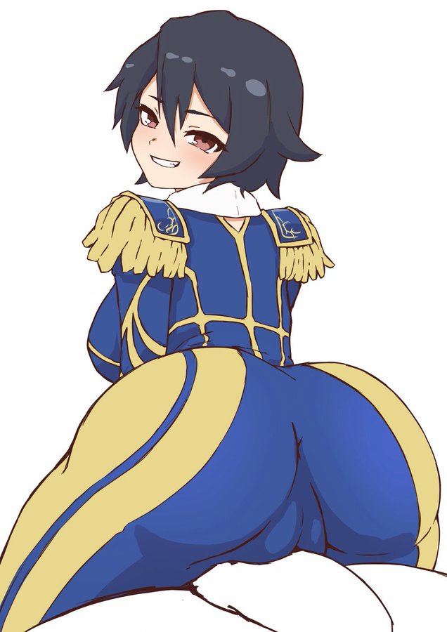 1girl ass black_hair blue_jacket blue_legwear blue_pants blush breasts cameltoe commentary epaulettes female_focus frottage gold_trim grin grinding hair_between_eyes jacket large_breasts looking_at_viewer looking_back megido72 naughty_face pants short_hair simple_background smile solo tight_clothes tight_pants tomboy white_background yotubeya zagan_(megido72)
