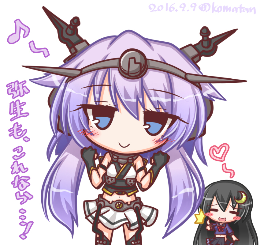 2girls :d =_= ^^^ black_gloves black_hair black_legwear black_skirt blue_shirt blush blush_stickers bow bowtie closed_eyes closed_mouth cosplay costume_switch dated elbow_gloves fingerless_gloves gloves hair_between_eyes hands_up headgear heart kantai_collection komakoma_(magicaltale) long_hair looking_at_viewer low_twintails multiple_girls musical_note nagato_(kancolle) nagato_(kancolle)_(cosplay) open_mouth pleated_skirt purple_eyes purple_hair quaver red_neckwear school_uniform serafuku shirt simple_background skirt sleeveless smile standing thighhighs thumbs_up translation_request twintails twitter_username very_long_hair white_background white_shirt yayoi_(kancolle) yayoi_(kancolle)_(cosplay)