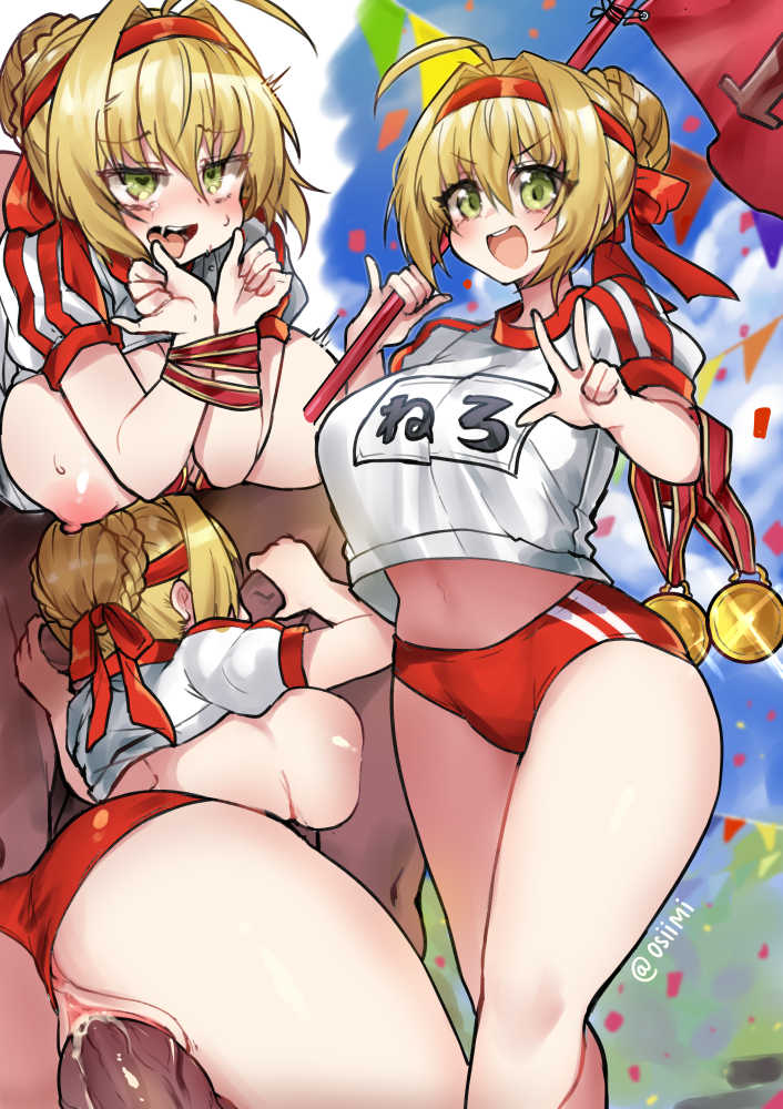 1girl 3boys :d ahegao anus anus_peek ass back bdsm blonde_hair blush bondage bound bound_wrists breasts buruma buruma_aside cleavage clothed_sex clothing_aside cloud commentary_request confetti day doggystyle fate/extra fate/grand_order fate_(series) fellatio flag gold_medal green_eyes group_sex gym_uniform hair_intakes handjob headband heart heart-shaped_pupils hetero large_breasts looking_at_viewer medal midriff multiple_boys nero_claudius_(fate) nero_claudius_(olympian_bloomers)_(fate) nipples no_bra official_alternate_costume open_mouth oral osiimi outdoors penis revision rolling_eyes saliva sex sex_from_behind sideboob smile solo_focus sweat symbol-shaped_pupils tears teeth tongue tongue_out uncensored vaginal w