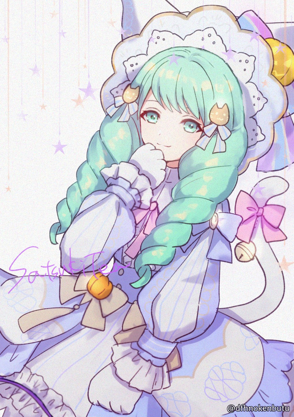 1girl animal_hands bell bow cat_tail closed_mouth dfhnokenbutu dress drill_hair fake_tail fire_emblem fire_emblem:_three_houses fire_emblem_heroes flayn_(fire_emblem) flayn_(halloween)_(fire_emblem) gloves green_eyes green_hair hair_ornament halloween_costume hat highres jack-o&#039;-lantern_hat_ornament long_hair long_sleeves looking_at_viewer nintendo official_alternate_costume paw_gloves pink_bow smile solo star_(symbol) tail tail_bell tail_bow tail_ornament twin_drills twitter_username white_gloves