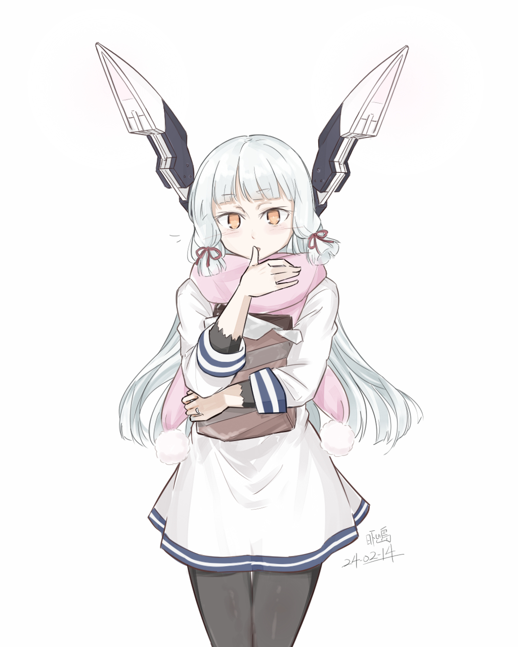 1girl blush dated dress floating_headgear hair_ribbon headgear highres hikashima_(shiofune) jewelry kantai_collection long_hair looking_at_viewer murakumo_(kancolle) murakumo_(valentine)_(kancolle) orange_eyes pantyhose pink_scarf pom_pom_(clothes) ribbon ring sailor_dress scarf sidelocks solo tress_ribbon undershirt very_long_hair wedding_ring white_hair