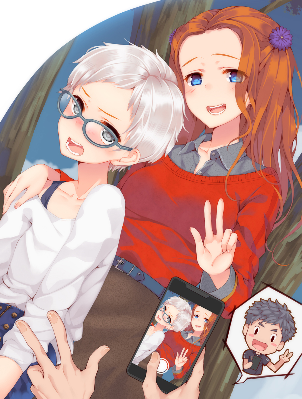 1boy 1girl 2girls :d arms_at_sides back-to-back belt black_hair blue-framed_eyewear blue_background blue_eyes blue_skirt blush brown_skirt camera_phone cellphone chibi diana_(kyokugen_dasshutsu) family flower glasses grey_eyes hair_flower hair_ornament hand_on_another&#039;s_shoulder high-waist_shorts highres jewelry kazuzu kyokugen_dasshutsu long_hair long_sleeves looking_at_viewer multiple_girls necklace open_mouth phi_(kyokugen_dasshutsu) phone red_hair red_sweater shirt short_hair shorts sigma_(kyokugen_dasshutsu) skirt smile spoken_character sweater tree v white_hair white_shirt zero_escape:_toki_no_dilemma