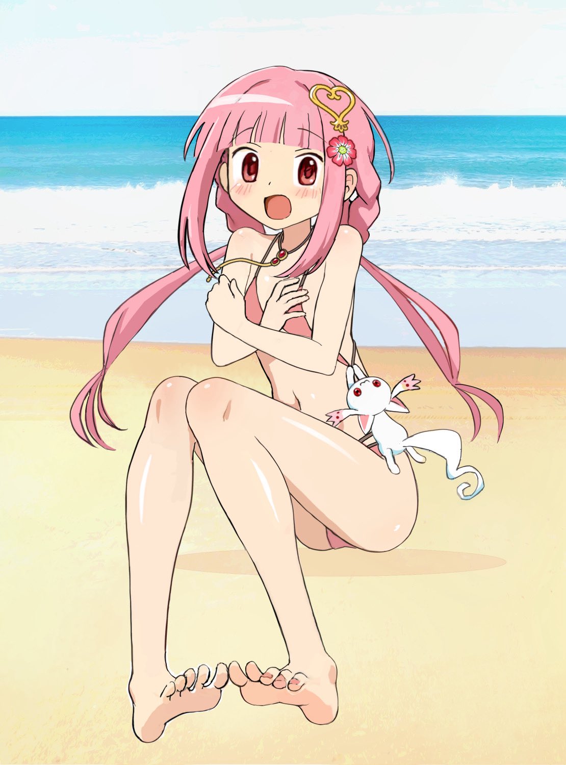 1girl bare_arms bare_legs bare_shoulders barefoot beach bikini blue_sky blunt_bangs braid crossed_arms day dot_nose feet flower flustered full_body hair_flower hair_ornament heart heart_hair_ornament highres knees_up light_blush long_hair looking_at_viewer low_twintails magia_record:_mahou_shoujo_madoka_magica_gaiden mahou_shoujo_madoka_magica midriff navel ocean official_alternate_costume okken on_ground open_mouth outdoors pink_bikini pink_flower pink_hair shadow side_braids sidelocks sitting sky small_kyubey solo stomach swimsuit tamaki_iroha tamaki_iroha_(swimsuit_ver.) tareme toenails toes twin_braids twintails very_long_hair