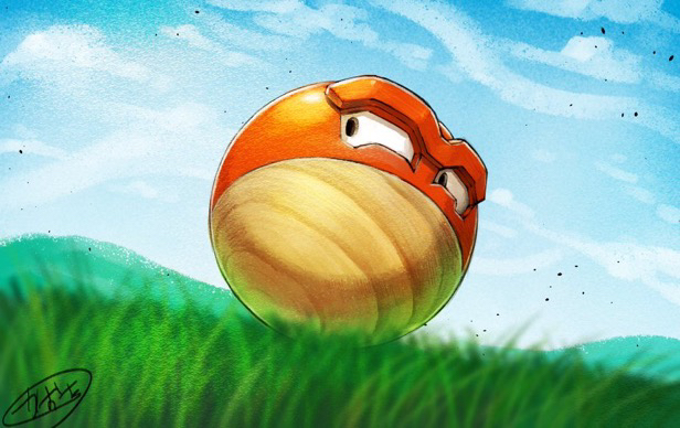 black_eyes cloud commentary_request day grass hisuian_voltorb kaosu_(kaosu0905) nintendo no_humans outdoors pokemon pokemon_(creature) sideways_glance signature sky solo