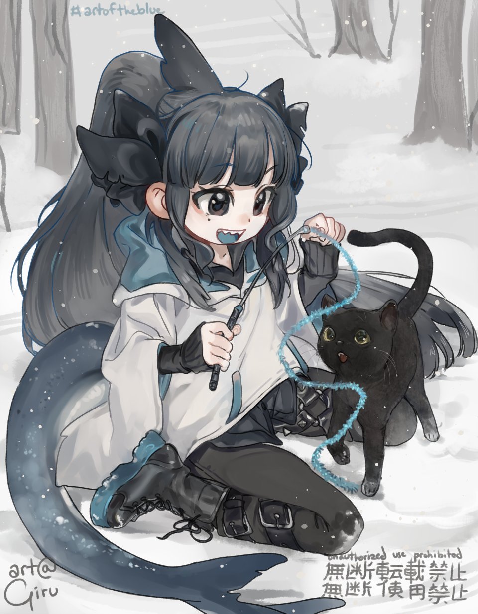 1girl artemis_of_the_blue atelier_live black_boots black_cat black_hair black_pantyhose black_sweater boots brown_eyes cat commentary commission english_commentary fins fish_tail full_body girutea highres hood hood_down hoodie long_hair long_sleeves mole mole_under_eye open_mouth outdoors pantyhose ponytail shark_girl shark_tail sharp_teeth sleeves_past_wrists snow sweater tail teeth upper_teeth_only virtual_youtuber white_hoodie winter