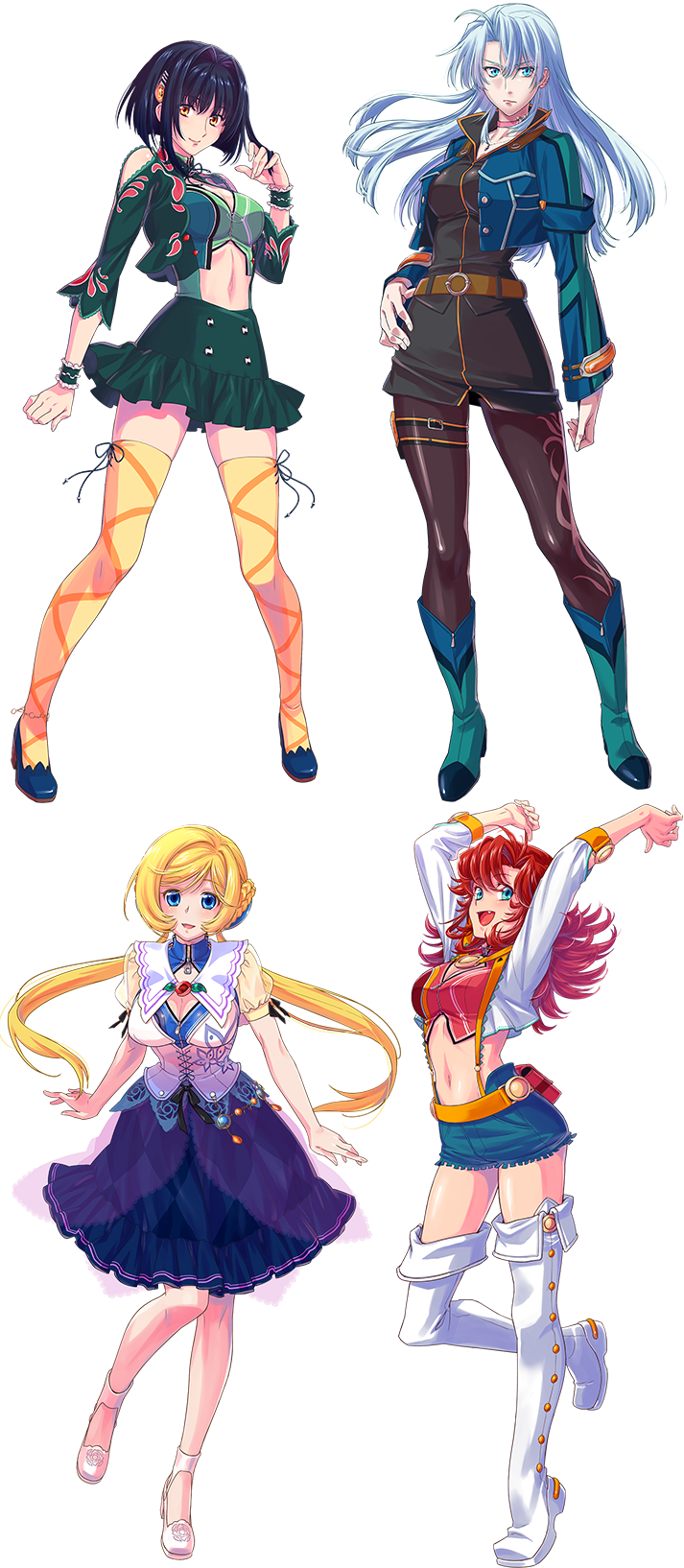 4girls belt black_hair blonde_hair blue_eyes blue_hair breasts calvina_coulange comic_lo festenia_muse highres katia_grineal large_breasts long_hair medium_breasts melua_melna_meia miniskirt multiple_girls official_art pantyhose red_hair short_hair simple_background skirt smile super_robot_wars super_robot_wars_judgement super_robot_wars_og_moon_dwellers super_robot_wars_original_generation thighhighs twintails yellow_eyes