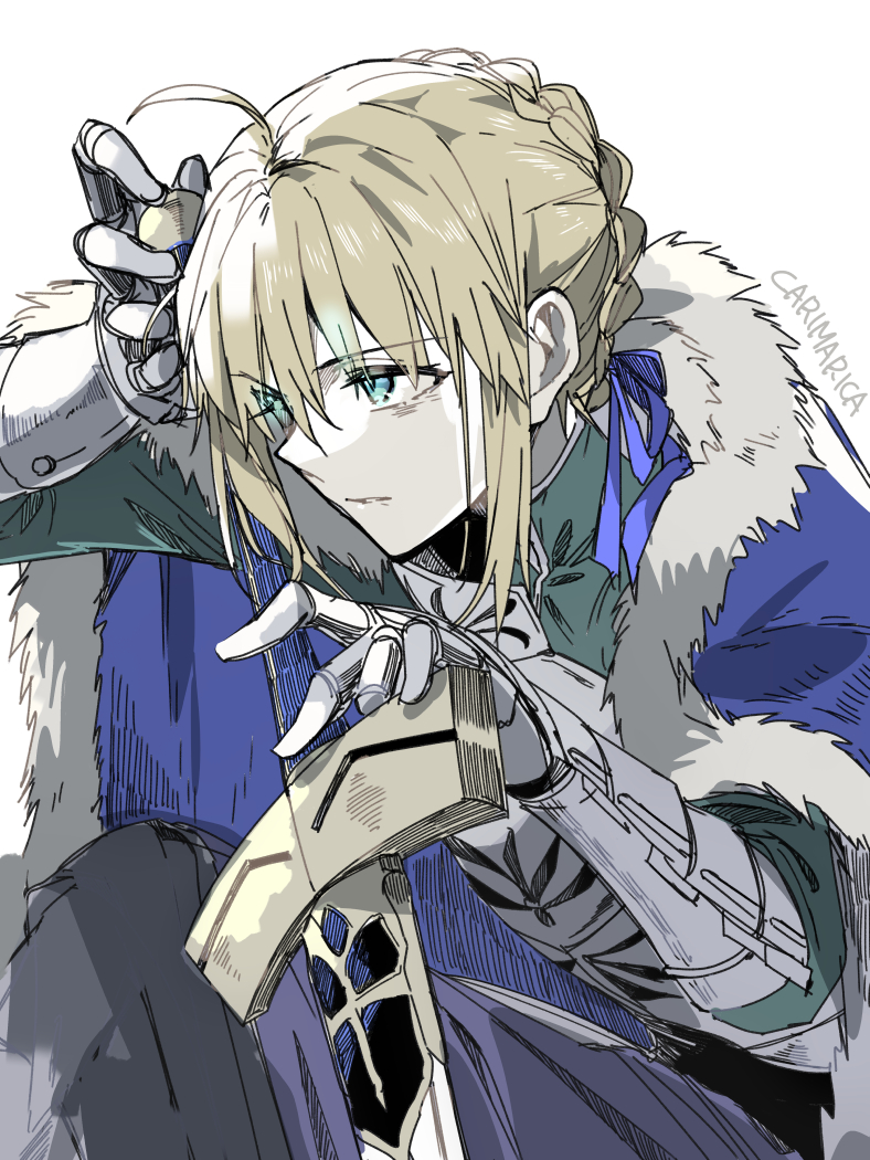 1girl ahoge armor armored_dress artoria_pendragon_(fate) blonde_hair blue_cape braid braided_bun breastplate cape carimarica dress excalibur_(fate/stay_night) fate/grand_order fate/stay_night fate_(series) fur-trimmed_cape fur_trim gauntlets green_eyes hair_bun hair_ribbon hands_on_hilt holding holding_weapon looking_at_viewer ribbon saber_(fate) short_hair solo sword weapon white_background