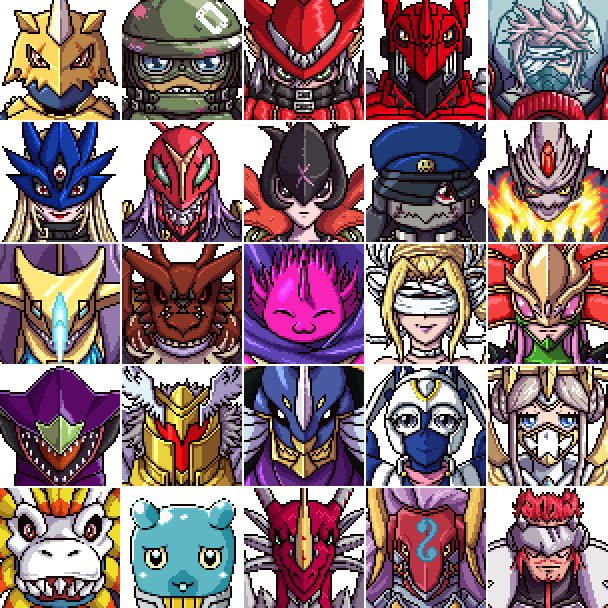 aegisdramon airdramon bacchusmon banchogolemon bancholilimon banchostingmon beelstarmon cape ceresmon ceresmon_medium chaosdramon dianamon digimon dragon espimon examon gankoomon horns junomon jupitermon looking_at_viewer ludomon magnakidmon mask megidramon neptunemon ogudomon pixel_art sharp_teeth sleipmon teeth transparent_background venusmon vulcanusmon zubamon