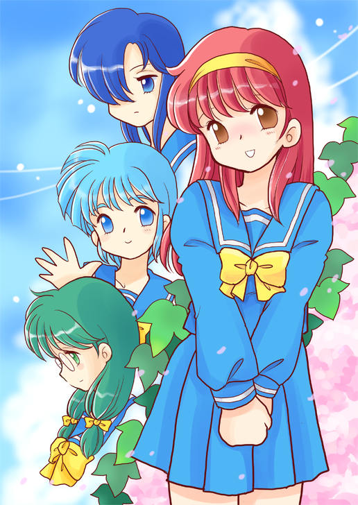 4girls black_hair blue_eyes blue_sailor_collar blue_serafuku blue_skirt bow brown_eyes cherry_blossoms closed_mouth falling_petals fujisaki_shiori glasses green_eyes green_hair hair_over_one_eye hairband head_tilt himoo_yuina kirameki_high_school_uniform kisaragi_mio kisaragi_miyuki long_hair long_sleeves looking_at_viewer low_twintails multiple_girls nijino_saki open_mouth petals pleated_skirt red_hair sailor_collar school_uniform serafuku skirt smile takemoto_izumi_(style) tokimeki_memorial tokimeki_memorial_1 twintails v_arms waving winter_uniform yellow_bow yellow_hairband