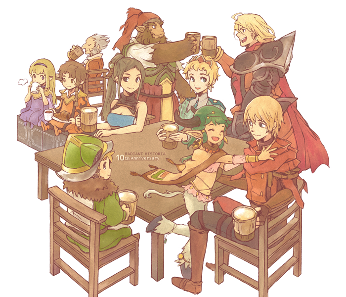 4girls 6+boys :d aht beard blonde_hair brown_hair chair cup drinking eruca facial_hair full_body gafka green_eyes heiss horns lippti marco_(radiant_historia) mug multiple_boys multiple_girls open_mouth pixie_cut pointy_ears poncho radiant_historia raynie rosch short_hair simple_background sitting smile stocke table teo toasting_(gesture) tommy0117 white_background