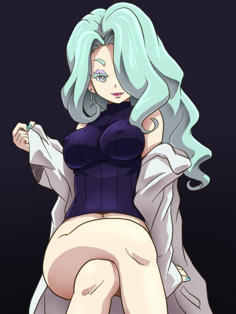 1girl aqua_nails awa black_background bottomless breasts covered_erect_nipples crossed_legs eyeshadow hair_over_one_eye large_breasts long_hair looking_at_viewer makeup natsuki_enra off_shoulder pink_lips simple_background smile striped_clothes vertical-striped_clothes youkai_watch youkai_watch_jam:_youkai_gakuen_y