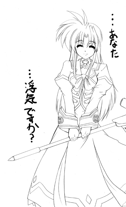 1girl 45acp bow closed_eyes cosplay fate_testarossa female_focus fingerless_gloves gloves greyscale lyrical_nanoha magazine_(weapon) magical_girl mahou_shoujo_lyrical_nanoha mahou_shoujo_lyrical_nanoha_a&#039;s monochrome raising_heart smile solo takamachi_momoko takamachi_nanoha takamachi_nanoha_(cosplay) takamachi_nanoha_(sacred_mode)