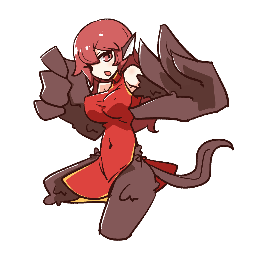 1girl animal_ears bare_shoulders big_o_pants bird_ears bird_legs bird_tail breasts brown_feathers brown_wings china_dress chinese_clothes commentary covered_erect_nipples covered_navel dress feather_fingers feathered_wings feathers fio-chan_(big_o_pants) harpy large_breasts long_hair monster_girl original red_dress red_eyes red_hair solo tail transparent_background winged_arms wings