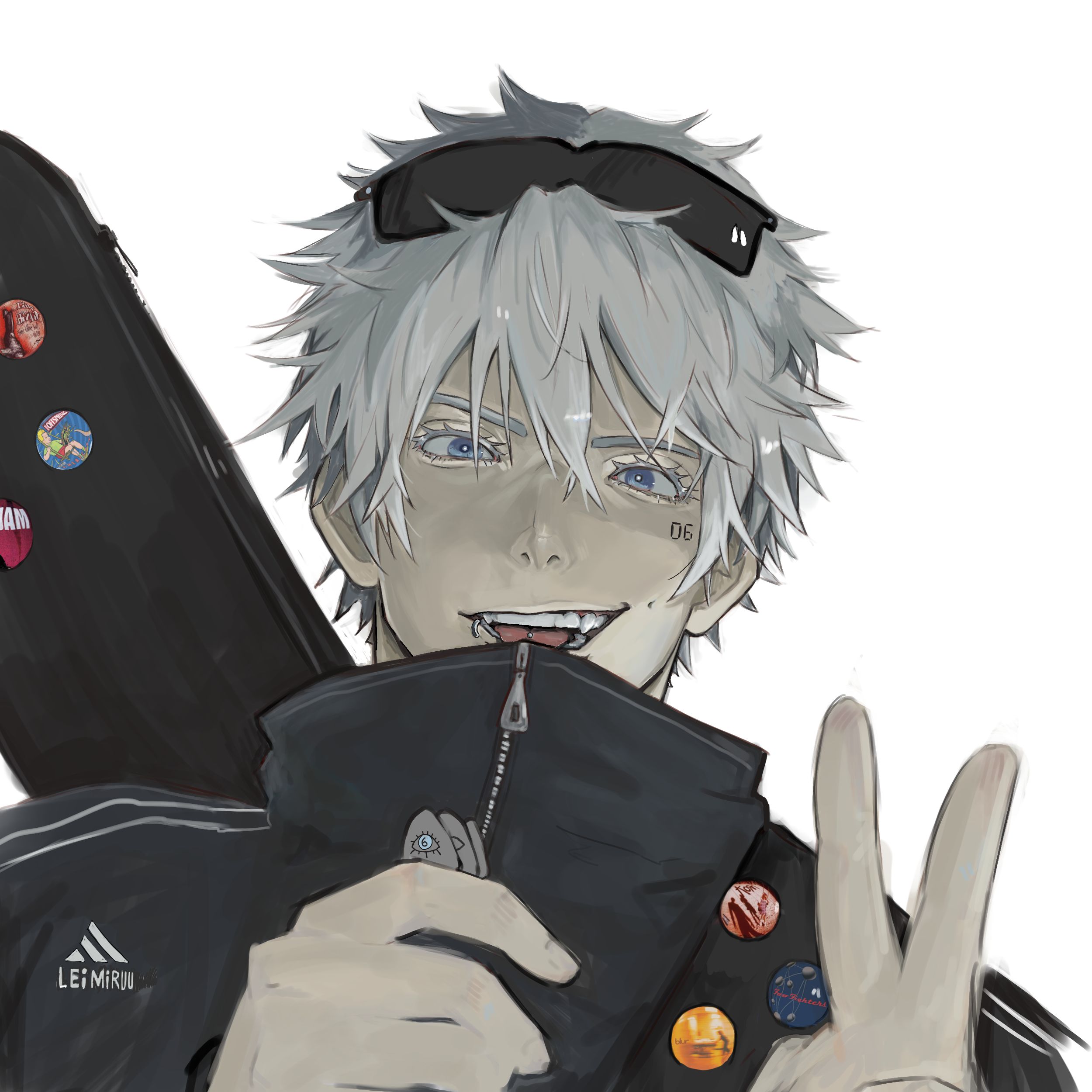 1boy absurdres artist_name blue_eyes blur_(band) eyelashes eyewear_on_head face_piercing fangs foo_fighters_(band) gojou_satoru guitar_case highres instrument_case jacket jujutsu_kaisen korn_(band) leimiruu limp_bizkit lip_piercing looking_at_viewer male_focus mouth_piercing open_mouth pearl_jam piercing plectrum portrait short_hair simple_background smile solo teeth the_offspring tongue tongue_piercing track_jacket v white_background white_hair