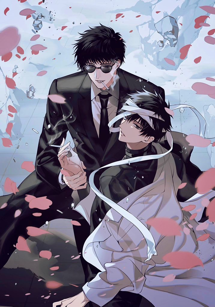 2boys bandaged_head bandages black_hair black_neckwear blurry cigarette formal_clothes futaba_hazuki gakuran holding_another&#039;s_wrist looking_back male_focus multiple_boys necktie parted_lips petals sakurazuka_seishirou school_uniform shirt short_hair smoking stone suit sumeragi_subaru white_shirt wind x_(manga)