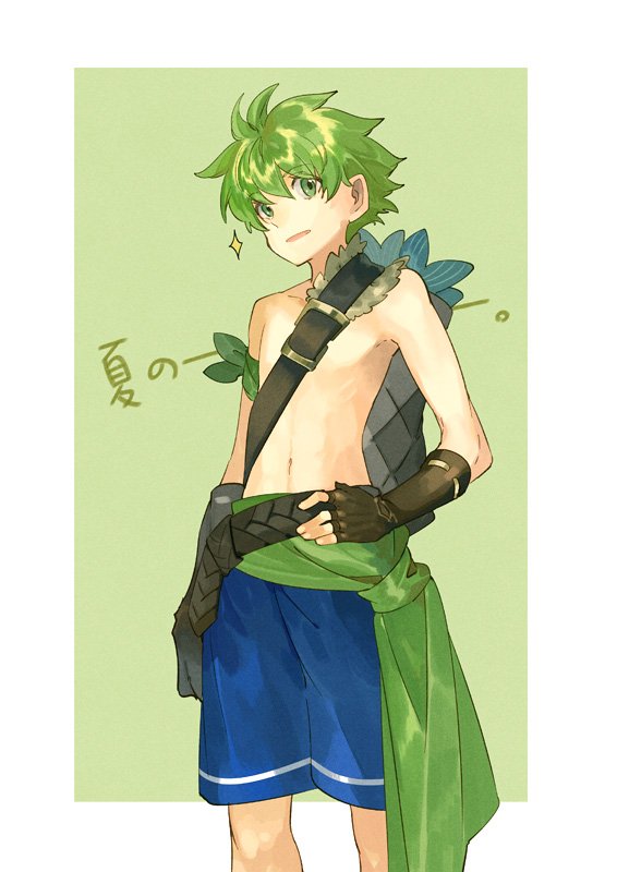 1boy bare_pectorals fingerless_gloves fire_emblem fire_emblem:_the_binding_blade gloves green_eyes green_hair leaf looking_at_viewer male_focus nintendo noki_(affabile) pectorals smile solo wolt_(fire_emblem) wolt_(summer)_(fire_emblem)
