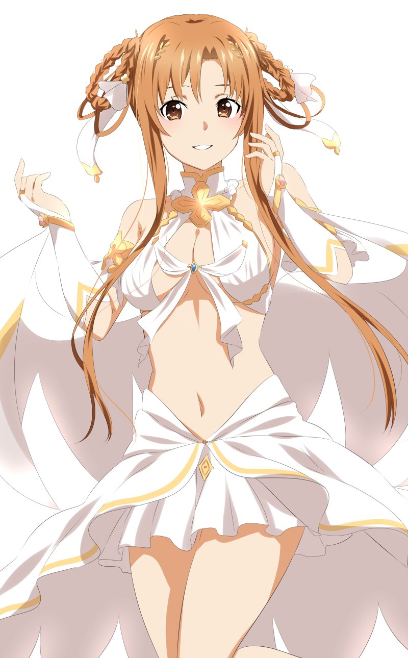 1girl alternate_hairstyle asuna_(sao) asymmetrical_bangs bare_shoulders braid braided_hair_rings breasts brown_eyes cleavage cosplay cowboy_shot dars_(recolors) dress elbow_gloves eyebrows_hidden_by_hair fingerless_gloves french_braid gloves hair_rings half_updo hands_up highres light_blush long_hair looking_at_viewer medium_breasts midriff navel orange_hair parted_lips ribbon sidelocks simple_background sitting smile solo sword_art_online twin_braids white_background white_dress white_ribbon yui_(ceremonial)_(princess_connect!) yui_(princess_connect!) yui_(princess_connect!)_(cosplay)