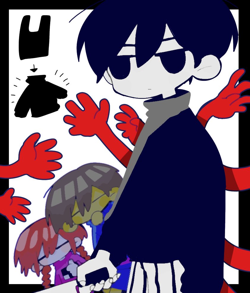 1boy 1girl 1other arms_at_sides arrow_(symbol) black_border black_eyes black_hair black_sweater blue_sweater border braid brown_hair closed_eyes closed_mouth colored_skin commentary_request crossover deformed empty_eyes fingernails frisk_(undertale) holding holding_knife knife kobanzame_omo long_hair long_sleeves madotsuki no_mouth no_pupils omori omori_(omori) outside_border pink_sweater short_hair simple_background striped_clothes sweater thumbs_up turtleneck turtleneck_sweater twin_braids undertale vertical-striped_clothes white_background white_skin yellow_skin yume_nikki