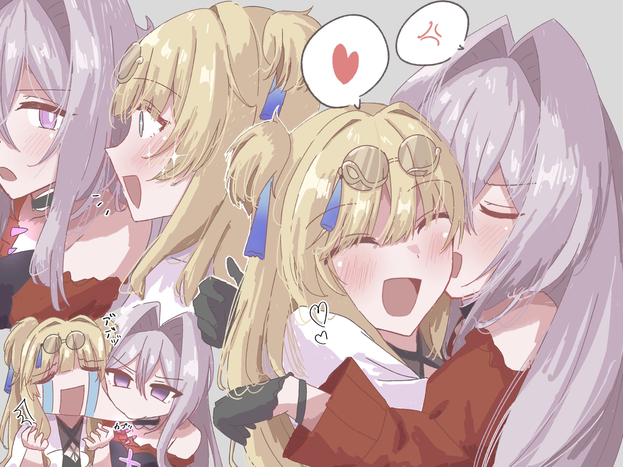 2girls 88_9 ^_^ anger_vein biting biting_cheek blonde_hair blush closed_eyes commentary eyewear_on_head green_eyes hair_intakes heart highres honkai_(series) honkai_impact_3rd hug jacket multiple_girls open_mouth purple_eyes red_jacket smile songque songque_(astralop) spoken_anger_vein spoken_heart t_t thelema_nutriscu thelema_nutriscu_(mad_pleasure:_shadowbringer) translation_request two_side_up white_hair yuri