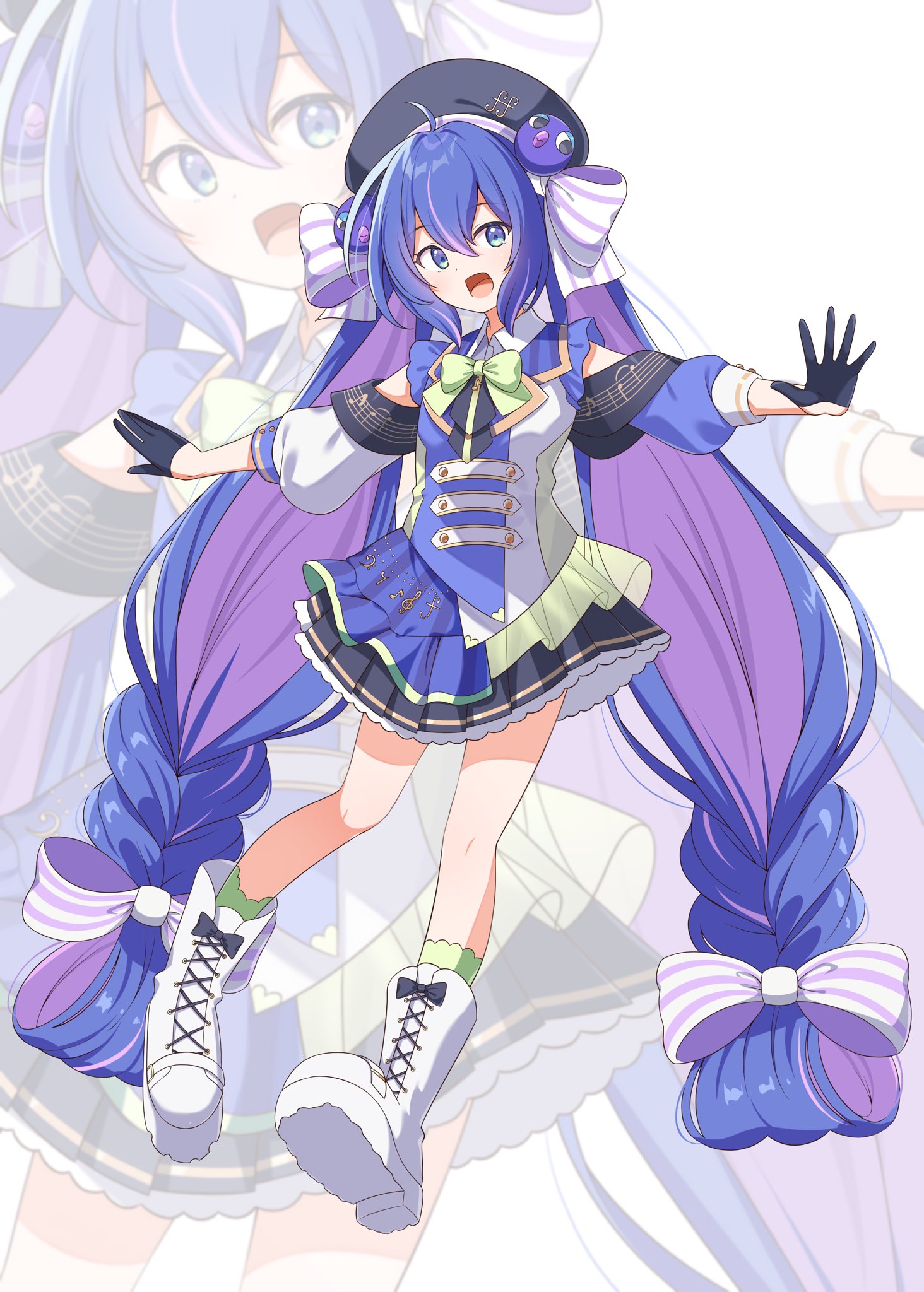 1girl :d absurdly_long_hair ahoge ascot asymmetrical_sleeves bass_clef beret black_ascot black_gloves black_hat black_skirt blue_eyes blue_hair blue_jacket blue_overskirt boots bow bowtie braid buttons chaakusu clothing_cutout collared_jacket collared_shirt colored_inner_hair commentary_request double-breasted eighth_note eighth_rest forte_(symbol) fortissimo frilled_skirt frills full_body gloves green_bow green_bowtie green_eyes green_socks hair_between_eyes hair_bow half_gloves hat hat_ornament hat_ribbon highres horizontal-striped_bow jacket kneehighs long_hair looking_at_viewer low-braided_long_hair low-tied_long_hair mismatched_sleeves multicolored_eyes multicolored_hair multicolored_jacket musical_note musical_note_hat_ornament musical_note_print musical_staff musical_staff_print open_mouth otomachi_una otomachi_una_(sv) outstretched_arms overskirt platform_boots pleated_skirt puffy_sleeves purple_hair purple_streaks purple_stripes quarter_note ribbon see-through_overskirt shirt shoulder_cutout sidelocks skirt sleeve_cuffs smile socks solo spread_arms standing streaked_hair striped_clothes striped_ribbon synthesizer_v three-quarter_sleeves treble_clef twintails two-tone_eyes two-tone_hair vertical-striped_clothes very_long_hair white_background white_boots white_bow white_ribbon white_shirt zoom_layer