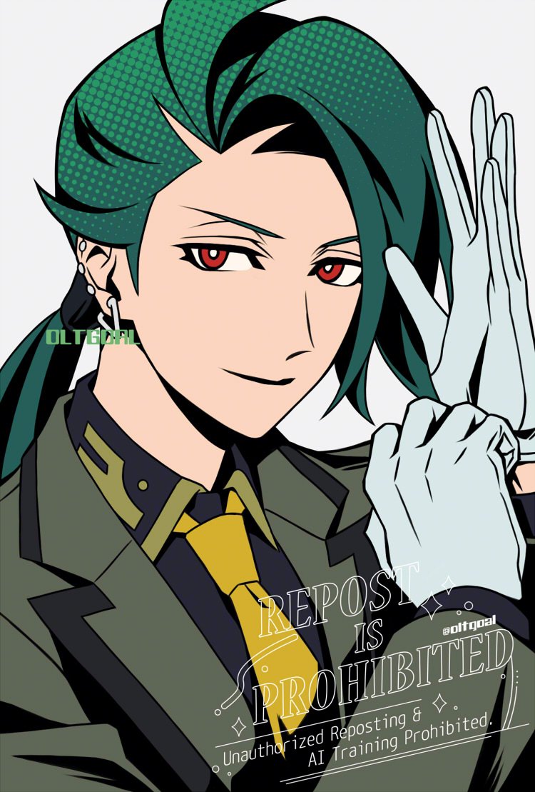 1girl adjusting_clothes adjusting_gloves artist_name ben-day_dots black_shirt bright_pupils challia_bull challia_bull_(cosplay) closed_mouth collared_shirt commentary cosplay creator_connection creatures_(company) ear_piercing earrings english_text game_freak gloves green_hair green_jacket grey_background gundam gundam_gquuuuuux jacket jewelry lapels long_hair long_sleeves looking_at_viewer low_ponytail necktie nintendo notched_lapels oltgoal piercing pokemon pokemon_sv ponytail red_eyes rika_(pokemon) screentones shirt simple_background smile solo twitter_username v-shaped_eyebrows watermark white_gloves white_pupils wing_collar yellow_necktie
