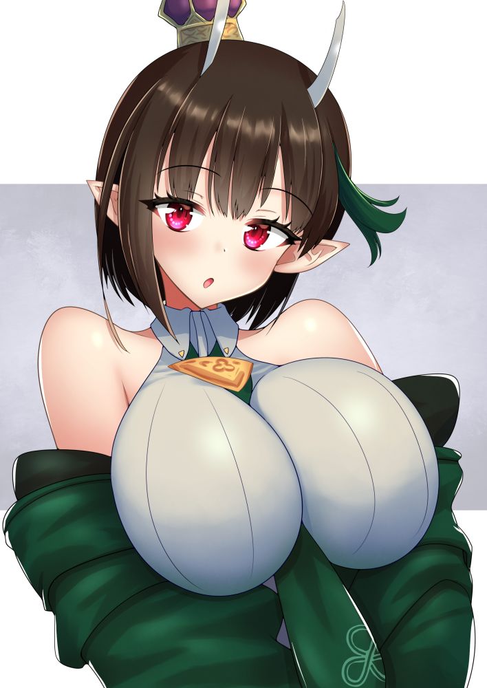 1girl bare_shoulders biscione_(fate) biscione_(second_ascension)_(fate) black_hair blush breasts collared_dress crown degudoga dragon_girl dragon_tail dress fate/grand_order fate_(series) green_jacket horns jacket large_breasts long_sleeves looking_at_viewer mini_crown multicolored_hair necktie off_shoulder open_clothes pointy_ears red_eyes short_hair streaked_hair tail white_dress