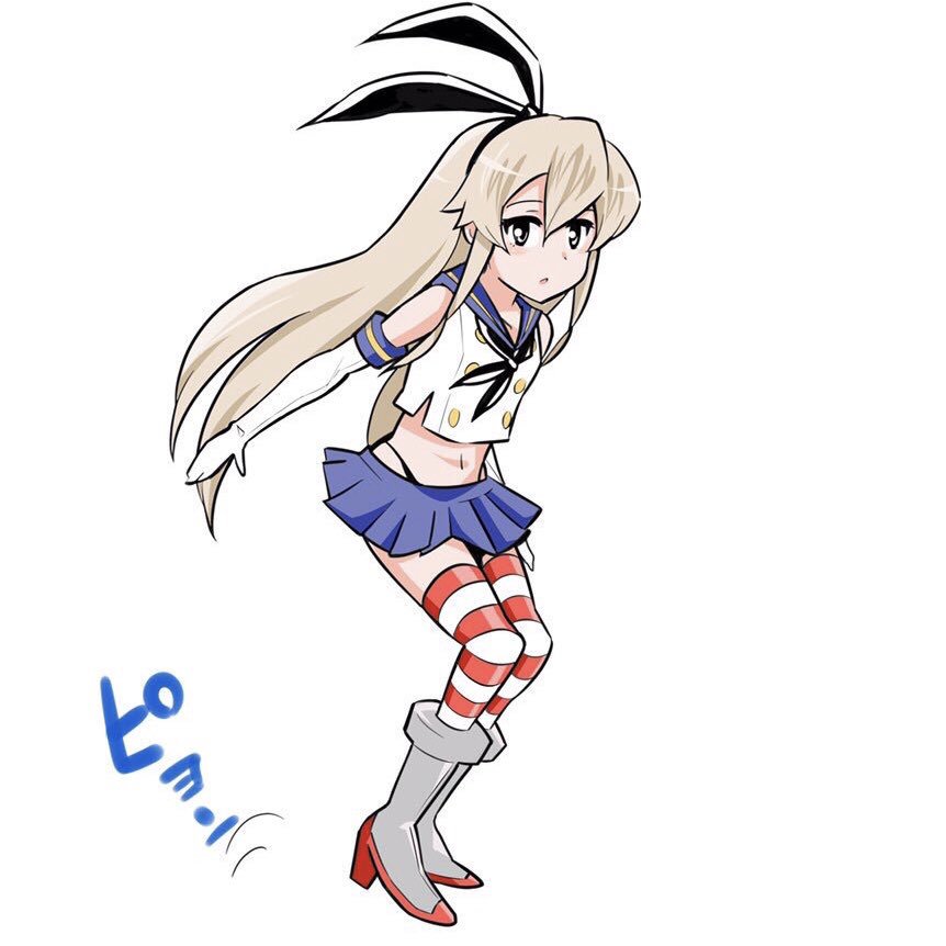 1girl animal_ears blonde_hair boots commentary_request elbow_gloves fake_animal_ears female_focus full_body gloves green_eyes grey_boots hairband high_heels inoue_kousei kantai_collection legs_together long_hair looking_at_viewer navel neckerchief open_mouth pleated_skirt rabbit_ears school_uniform serafuku shimakaze_(kancolle) shirt sidelocks skirt sleeveless sleeveless_shirt solo standing striped_clothes striped_thighhighs thighhighs translation_request white_background