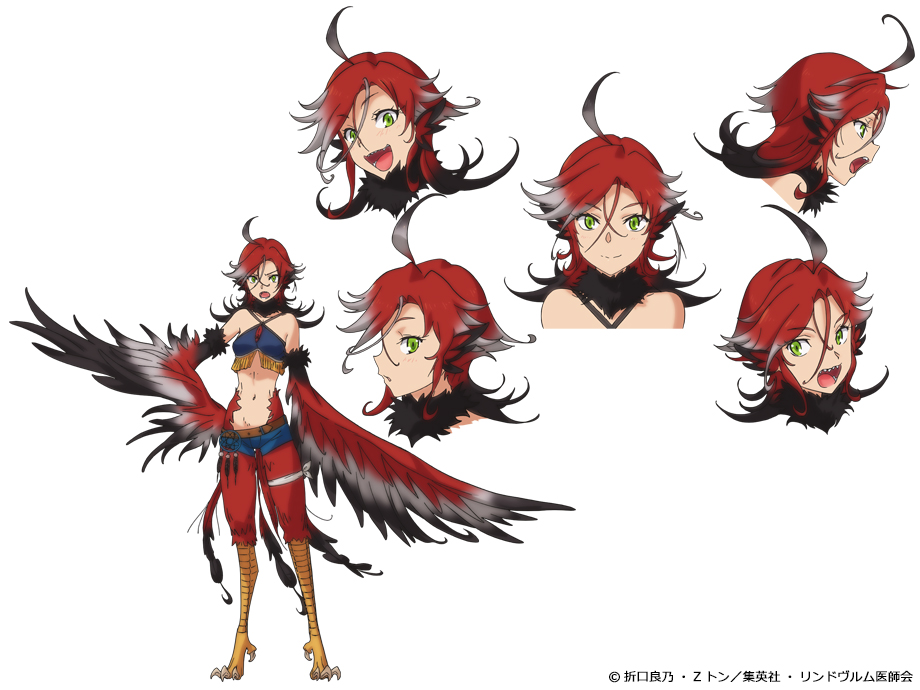 1girl :d ahoge bird_legs black_feathers blush breasts character_design reference_sheet closed_mouth concept_art expression_chart feathered_wings feathers full_body green_eyes hair_between_eyes hand_on_own_hip harpy illy_(monster_musume_no_oisha-san) looking_at_viewer medium_breasts medium_hair monster_girl monster_musume_no_oisha-san multiple_views official_art open_mouth red_feathers red_hair short_shorts shorts simple_background smile standing talons v-shaped_eyebrows white_background winged_arms wings