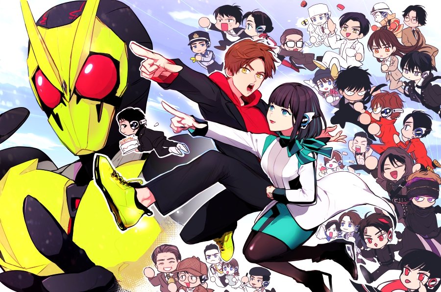 119nosuke amatsu_gai armor as_(kamen_rider_01) birthday_cake black_hair blue_eyes bow bowtie breasts brown_hair cake chibi closed_eyes delmo_(kamen_rider_01) enmusubi_match food fukkin_houkai_tarou fuwa_isamu happy_birthday headgear hiden_aruto horobi_(kamen_rider_01) humagear_headphones ichimori_naoto ikazuchi_(kamen_rider_01) is_(kamen_rider_01) jacket jin_(kamen_rider_01) kamen_rider kamen_rider_01_(series) kamen_rider_zero-one kamen_rider_zero-two kanasawa_seine long_hair long_sleeves looking_at_viewer mamoru_(kamen_rider_01) mashirochan_(kamen_rider_01) matsuda_enji medium_breasts morifude_g-pen multicolored_hair multiple_boys multiple_girls muscular naki_(kamen_rider_01) open_mouth pantyhose pectorals red_eyes red_hair robot_ears saikyo_takumi_oyakata short_hair simple_background skirt smile streaked_hair suspenders sweat teeth tokusatsu two-tone_hair wazu_nazotoku white_jacket yaiba_yua zo_ochi2