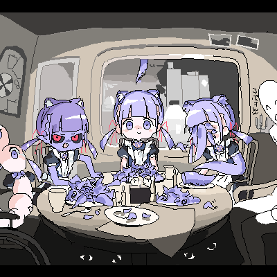animal_ear_hairband animal_ears apron black_dress black_sclera cat_ear_hairband cat_ears colored_sclera colored_skin commentary_request dark_lokulo-chan dress evil_smile fake_animal_ears furrowed_brow hairband lokulo-chan_(lokulo_no_mawashimono) lokulo_no_fukakimono lokulo_no_mawashimono lowres maid maid_apron monster_girl original plate purple_eyes purple_hair purple_hairband purple_skin red_eyes smile tentacle_arm tentacles twintails window