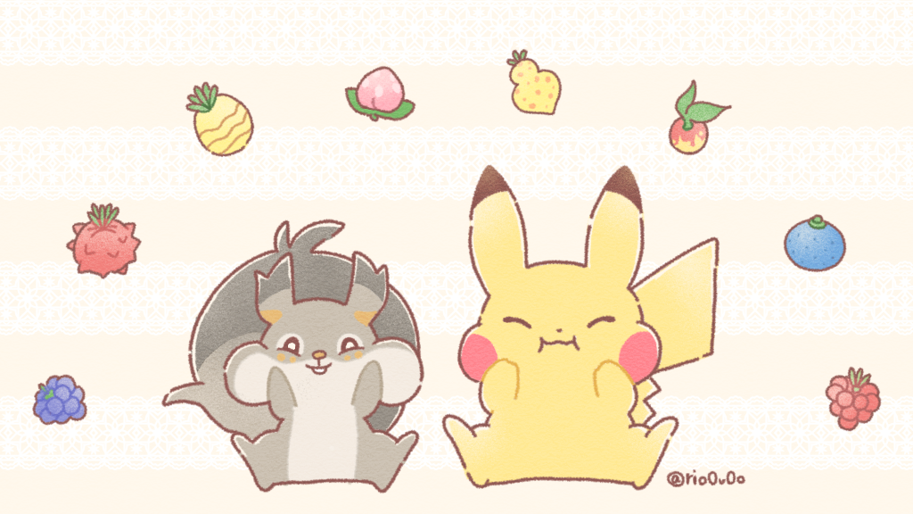 berry_(pokemon) bluk_berry bright_pupils cheri_berry closed_eyes closed_mouth commentary_request gen_1_pokemon gen_8_pokemon nintendo no_humans oran_berry pecha_berry pikachu pokemon pokemon_(creature) puffy_cheeks razz_berry rio_(rio0v0o) sitrus_berry skwovet twitter_username white_pupils