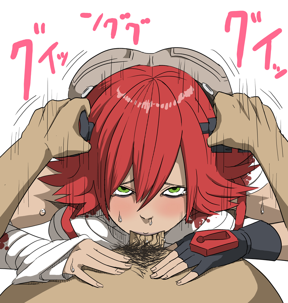 1girl a.b.a arc_system_works ass bad_id bad_pixiv_id bandages blood blood_on_clothes blush breasts censored fellatio fingerless_gloves gloves green_eyes guilty_gear hair_ornament hand_on_another&#039;s_head hetero holding_detached_head irrumatio key key_in_head kishio_(agedama) large_breasts lips male_pubic_hair mosaic_censoring motion_lines object_through_head oral penis pov pubic_hair red_hair short_hair single_glove snot solo_focus sweat translation_request veins veiny_penis