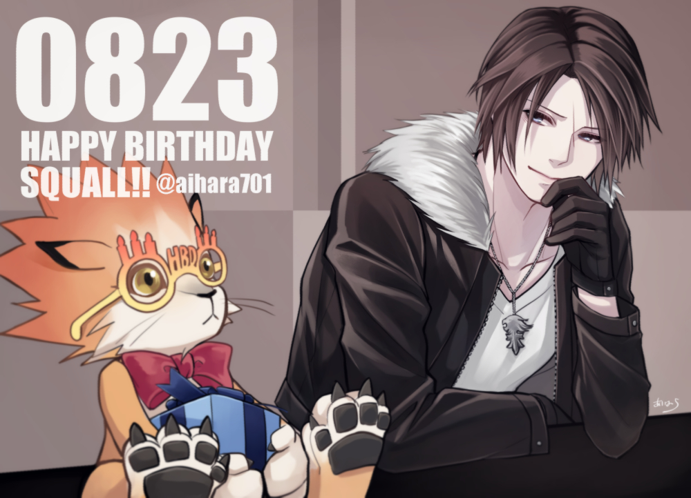 animal animal_hands birthday black_gloves black_jacket blue_eyes bow bowtie brown_background brown_hair cat cat_paws chain chain_necklace claws commentary dated elbows_on_table final_fantasy final_fantasy_viii fur-trimmed_jacket fur_trim geometric_pattern gift glasses gloves hand_to_own_mouth happy_birthday hiryuu_(kana_h) holding holding_gift jacket jewelry leaning leaning_forward leaning_on_table light_smile looking_at_another moomba necklace novelty_glasses open_clothes open_jacket orange_fur pawpads red_bow red_bowtie scar scar_on_face shirt short_hair signature smile squall_leonhart t-shirt twitter_username v-neck white_shirt yellow_eyes