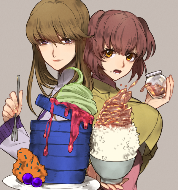 2girls back-to-back bad_food bowl breasts brown_eyes brown_hair brown_jacket expressionless flat_chest food food_on_face holding holding_bowl holding_jar irie_tamaki jacket jar kugimiya_kei large_breasts looking_at_viewer majestic_prince multiple_girls open_mouth oshioyu pink_shirt purple_eyes purple_shirt rice shirt short_hair syrup two_side_up