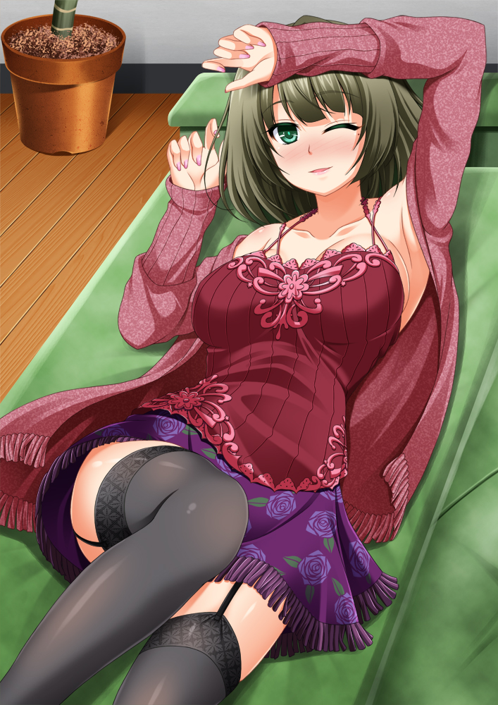 10s 1girl arm_up black_thighhighs blush breasts brown_hair collarbone couch female_focus floral_print foreshortening garter_straps green_eyes green_upholstery halterneck idolmaster idolmaster_cinderella_girls lace lace-trimmed_legwear lace_trim large_breasts leg_up legs long_sleeves looking_at_viewer lying militia_minpei mole mole_under_eye nose_blush on_back on_couch one_eye_closed parted_lips plant potted_plant shirt short_hair skirt sleeves_past_wrists smile solo takagaki_kaede thighhighs thighs wooden_floor