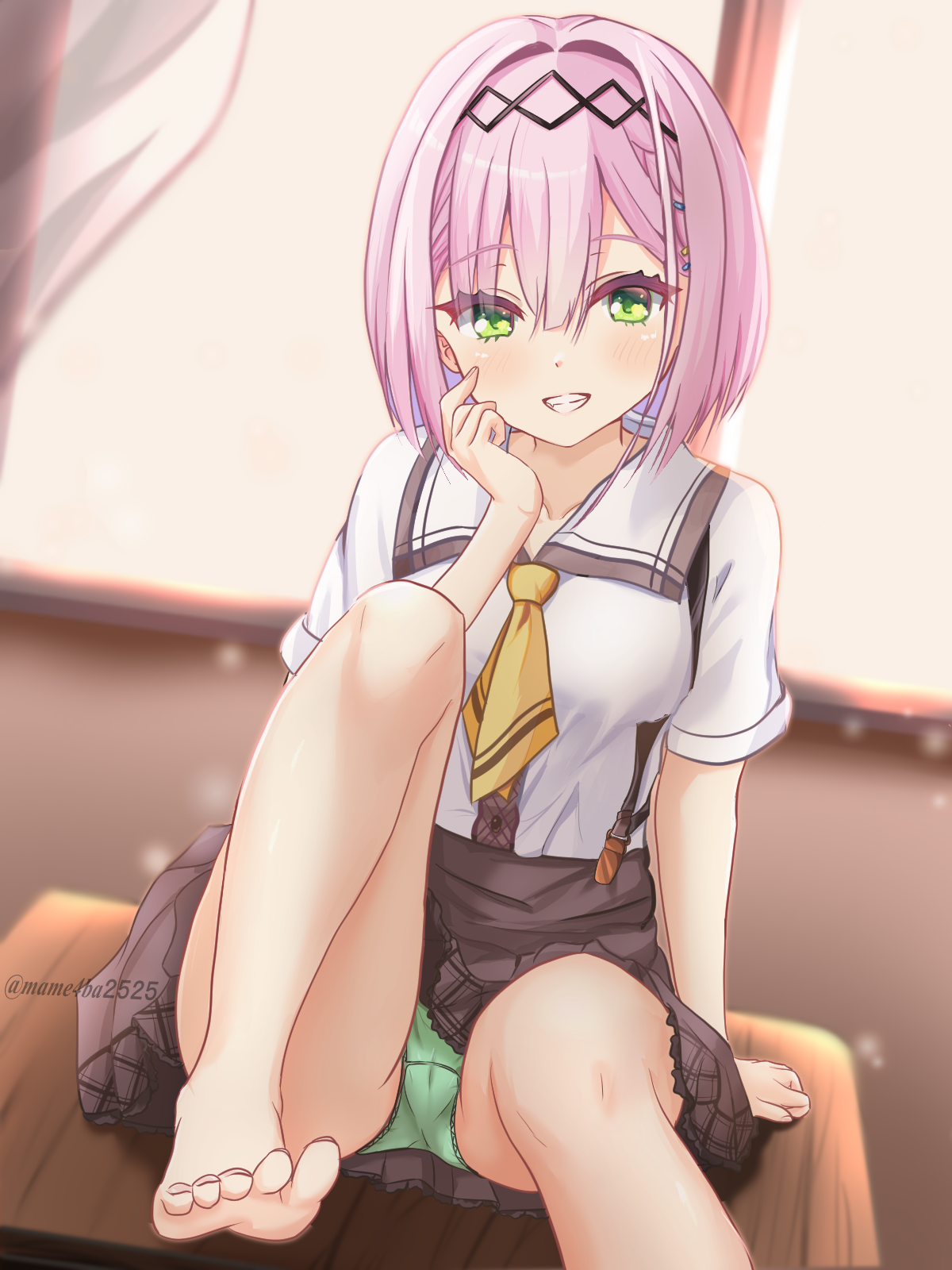 1girl :d barefoot black_hairband blush brown_skirt cameltoe collared_shirt commentary desk eyes_visible_through_hair foot_out_of_frame green_eyes green_panties grin hair_between_eyes hair_intakes hair_ornament hairband hairclip hand_up heart heart_in_eye highres indoors knee_up looking_at_viewer mame4ba2525 medium_hair naughty_face necktie on_desk open_mouth panties pink_hair school_uniform shirt short_sleeves sitting skirt smile solo straight_hair suspender_skirt suspenders symbol_in_eye tanikaze_amane tenshi_souzou_re-boot! thighs toes twitter_username underwear white_shirt yellow_necktie