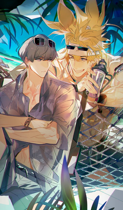 2boys arai_teruko beach beach_chair black_male_swimwear blonde_hair blue_eyes blue_sky bowl_cut bracelet collared_shirt commentary crossed_arms day drawstring dutch_angle eye_contact eyewear_on_head fate/grand_order fate_(series) grey_hair grey_male_swimwear grin hammock headband holding jewelry knee_up looking_at_another male_swimwear midriff_peek multiple_boys muscular muscular_male necklace object_request official_alternate_costume official_art one_eye_closed outdoors parted_lips partially_unbuttoned pectoral_cleavage pectorals rectangular_eyewear sakata_kintoki_(fate) shirt short_hair short_sleeves sitting sky smile spiked_hair sunglasses swim_trunks teeth third-party_source toned toned_male topless_male watanabe_no_tsuna_(fate) wet white_headband