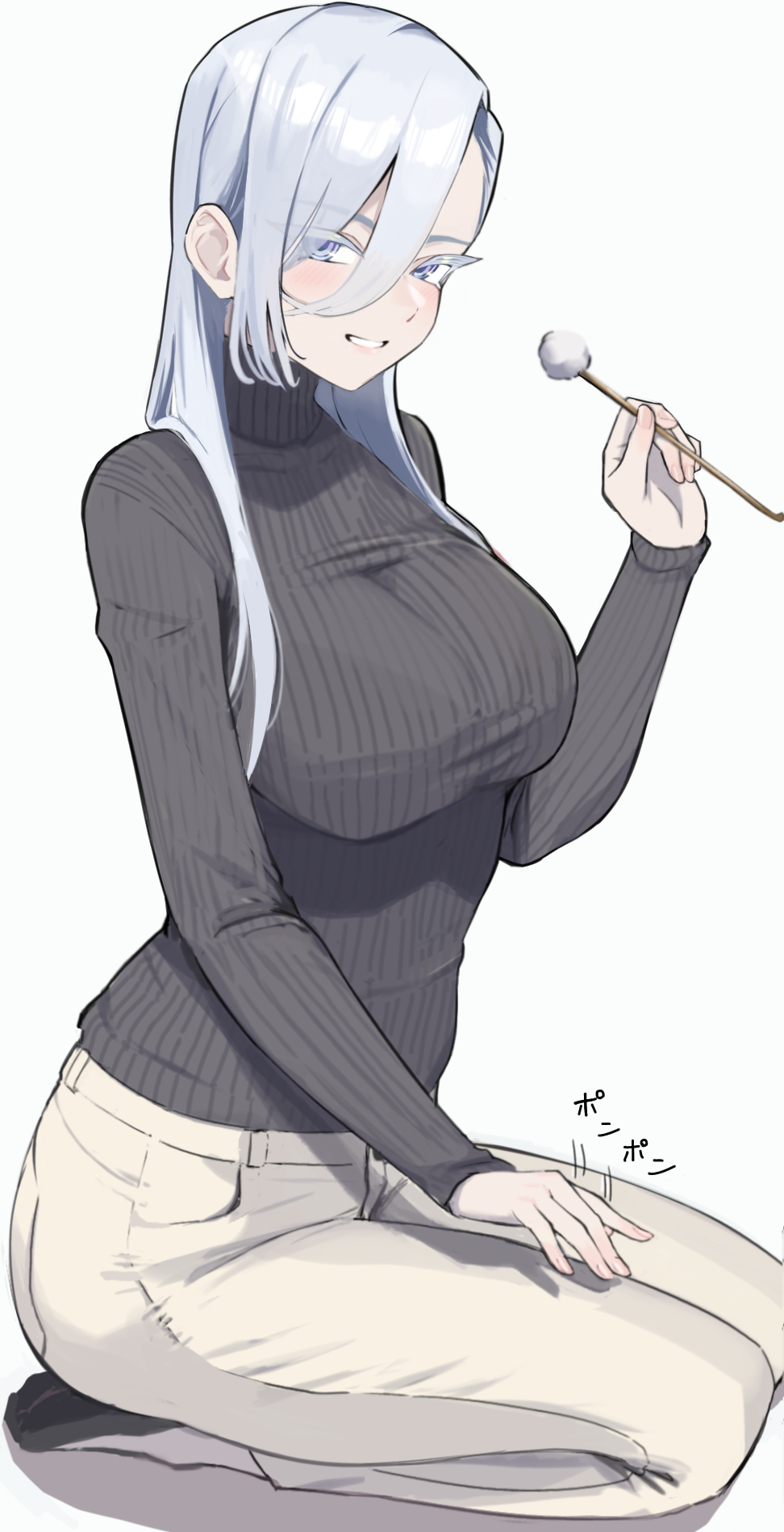 1girl ayatak0517 black_sweater blue_eyes blush breasts brown_pants commentary grey_hair hair_between_eyes highres kawai_rami komi-san_wa_komyushou_desu lap_pillow_invitation large_breasts long_sleeves looking_at_viewer mimikaki pants ribbed_sweater seiza simple_background sitting smile solo sweater turtleneck turtleneck_sweater white_background