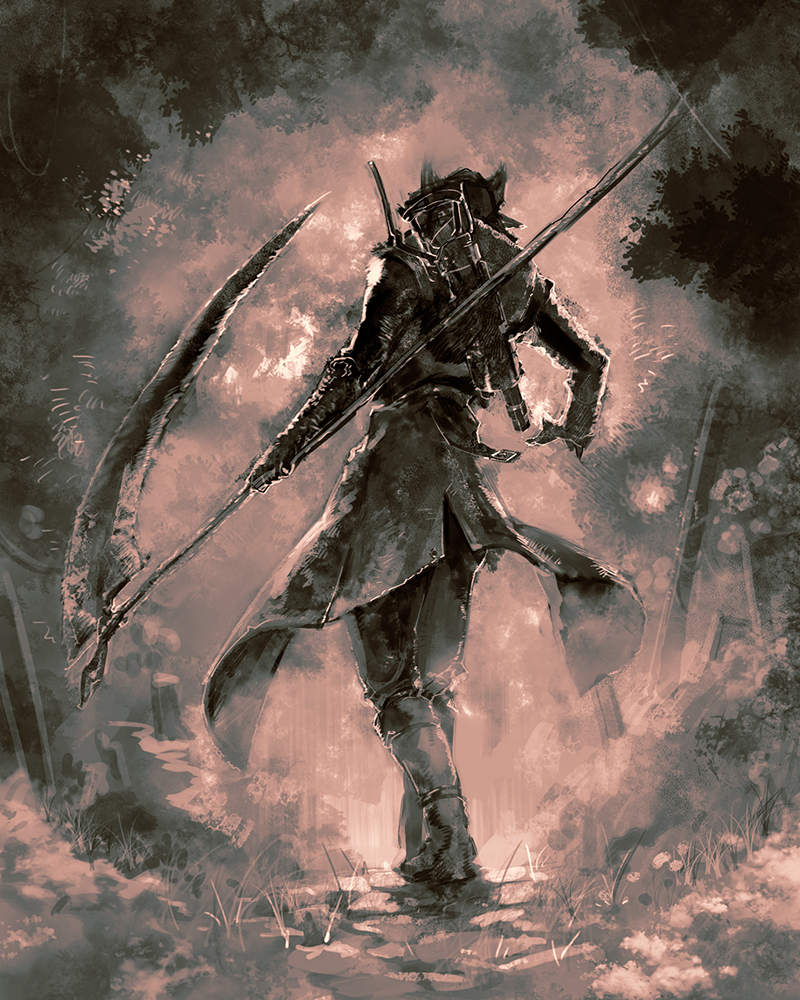 bloodborne boots coat from_behind fromsoftware grass hat holding holding_weapon hunter hunter_(bloodborne) male_focus monochrome scythe sepia solo tako_(pixiv8535) weapon