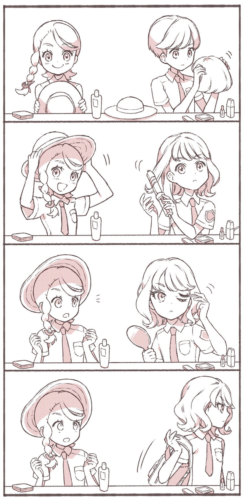 1boy 1girl backpack bag braid comic crossdressing florian_(pokemon) greyscale hat highres holding holding_bag juliana_(pokemon) monochrome necktie nintendo open_mouth pokemon pokemon_sv sasairebun school_uniform short_hair silent_comic single_braid smile wig