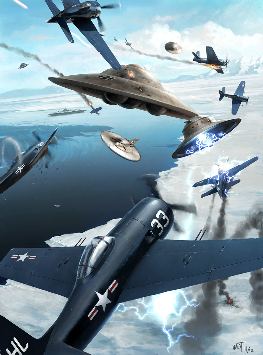 aircraft airplane alternate_universe antarctica balkenkreuz battle cross darren_tan fire flying_saucer highres mountain mountainous_horizon nazi ocean osprey ship spacecraft swastika ufo water watercraft