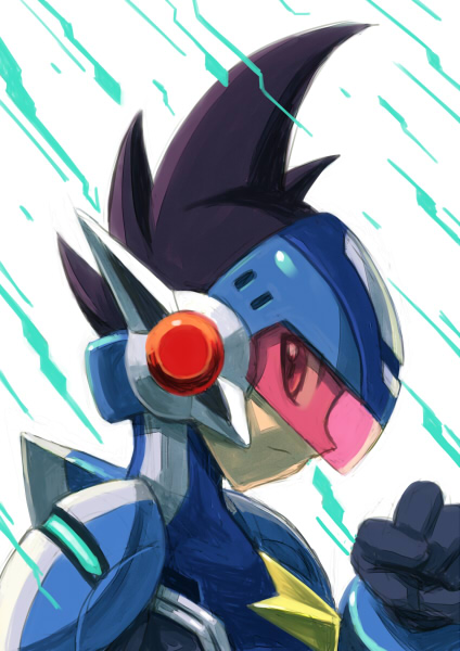 1boy armor assault_visor blue_bodysuit blue_helmet bodysuit geo_stelar_(mega_man) helmet hi-go! looking_at_viewer male_focus medium_hair mega_man_(series) mega_man_star_force_(series) power_armor profile red-tinted_eyewear solo star_force_mega_man tinted_eyewear upper_body
