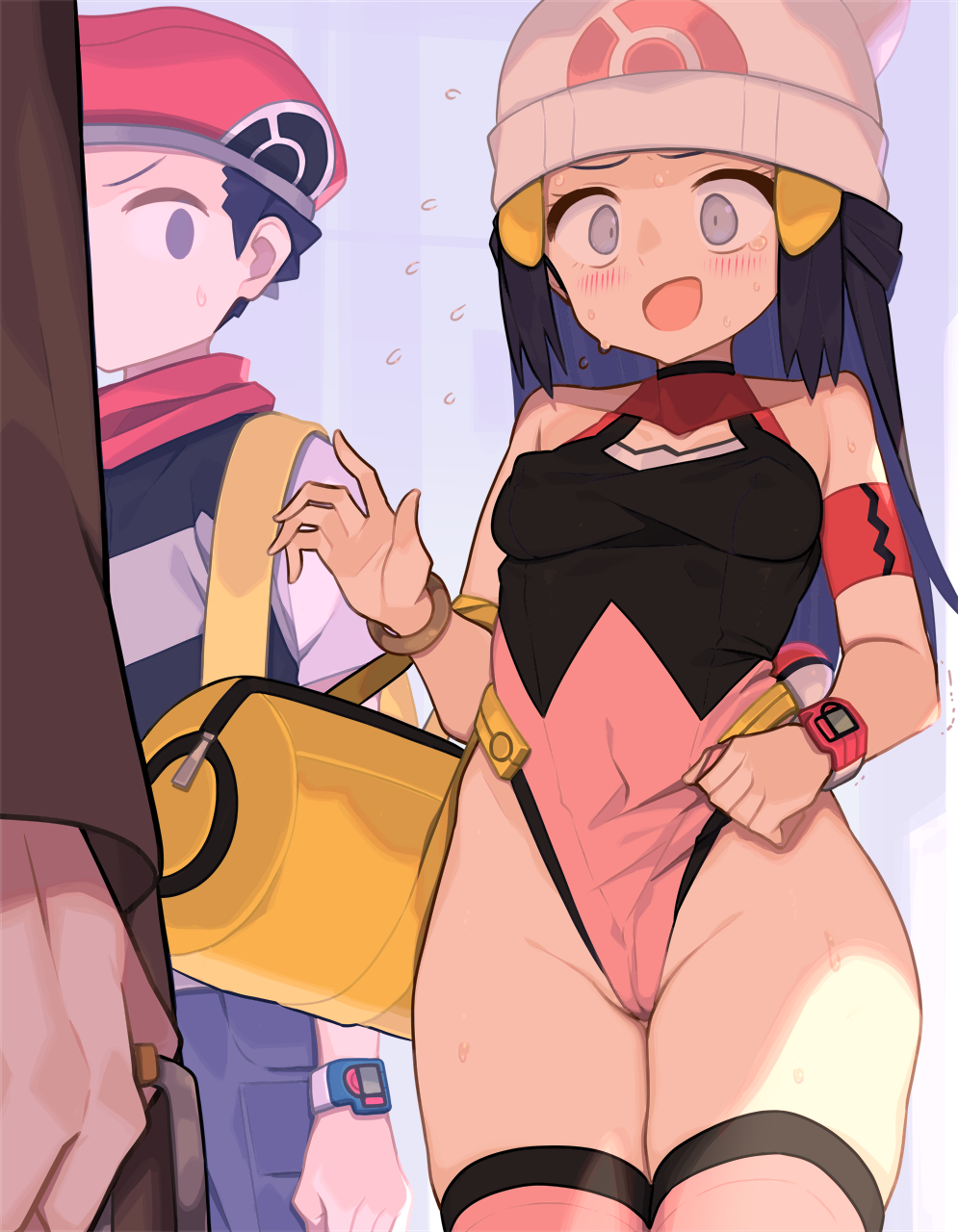 1boy 1girl 1other bag black_eyes black_hair black_leotard blush breasts closed_mouth covered_erect_nipples covered_navel dawn_(pokemon) grey_eyes hat highleg highleg_leotard highres leotard looking_at_another lucas_(pokemon) medium_breasts multicolored_leotard nintendo open_mouth pink_leotard pink_thighhighs pokemon pokemon_dppt red_hat red_scarf professor_rowan scarf short_hair simple_background solo_focus spring2013 standing thighhighs two-tone_leotard white_hat