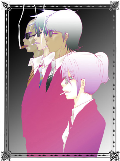 2d_(gorillaz) black_hair blue_hair gorillaz green_eyes murdoc_niccals noodle_(gorillaz) purple_hair russel_hobbs smoking sunglasses