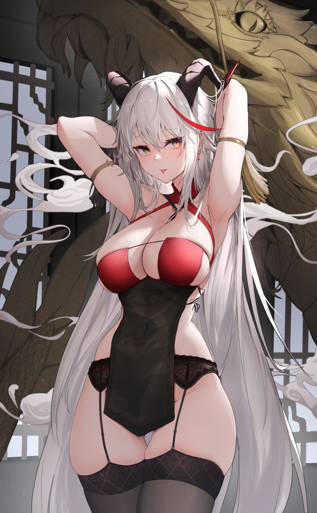 1girl aegir_(azur_lane) aegir_(golden_dragon_among_auspicious_clouds)_(azur_lane) arm_strap armpits arms_behind_head arms_up azur_lane black_garter_belt black_garter_straps black_horns breasts cleavage covered_navel criss-cross_halter demon_horns dragon eastern_dragon garter_belt garter_straps hair_on_horn halterneck highres horns lace-trimmed_garter_belt lace_trim large_breasts long_hair multicolored_hair official_alternate_costume red_hair revealing_clothes ru_yan smoke streaked_hair thighhighs white_hair