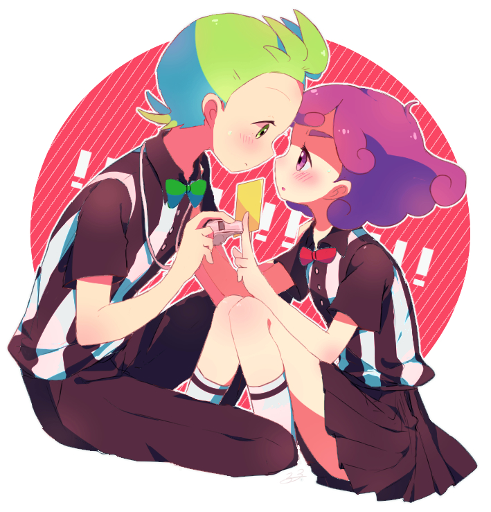 1boy 1girl 33lol ahoge alternate_costume arbiter black_pants black_skirt blush bow bowtie burgundy_(pokemon) cilan_(pokemon) couple eye_contact green_eyes green_hair green_neckwear hetero knees_up looking_at_another nintendo pants pokemon pokemon_(anime) pokemon_bw_(anime) profile purple_eyes purple_hair red_neckwear referee shirt short_hair simple_background sitting skirt socks striped_clothes striped_shirt thick_eyebrows traditional_bowtie uniform whistle white_legwear yellow_card