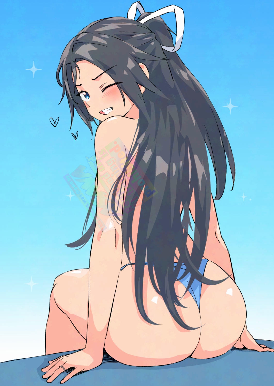 1girl adversarial_noise alternate_costume asava_(hutaitenn) ass bare_legs bikini bikini_bottom_only black_hair blue_background blue_bikini blue_eyes blush collared_shirt dated from_behind gradient_background grin hair_between_eyes hair_ribbon highres jewelry kantai_collection katsuragi_(kancolle) long_hair looking_at_viewer one_eye_closed one_side_up parted_bangs ribbon ring shirt sitting smile solo sparkle swimsuit translation_request turning_head twitter_username very_long_hair watermark wedding_ring white_background