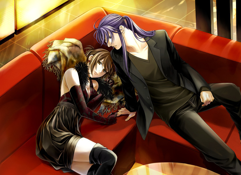 1boy 1girl black_pants boots brown_hair brown_theme bubble_dress bubble_skirt couch couple dancing_love_(vocaloid) dress elbow_gloves empire_waist feather_boa formal_clothes gloves hetero jacket kamui_gakupo meiko_(vocaloid) pants red_upholstery scarf short_hair skirt suit suit_jacket thigh_boots thighhighs toyu v-neck vocaloid